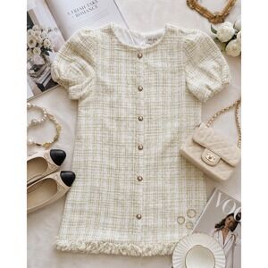 Aura Cream Plaid Mini Dress with Puff Sleeves